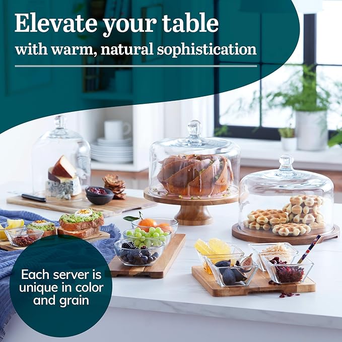 Libbey Acacia Wood Cake Stand with Dome Lid, Ball Top Handle Cake Holder with Lid, Covered Cake Stand, Durable Glass Dome Cover