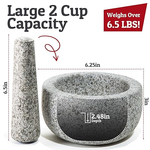 Priority Chef Heavy Duty Large Mortar and Pestle Set, Hand Carved from Natural Granite, Make Fresh Guacamole, Pesto, Stone Grinder Bowl, Herb Crusher, Spice Grinder, 6.3 Inches Wide, 2 Cup - Grey
