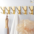 Self Adhesive Coat Hooks for Hanging, Heavy Duty Stainless Double Wall Hook for Towel, Backpack, Hat, Sturdy Metal Hanger for Bathroom, Bedroom, Door, Wall Mounted, 6-Pack, Brushed Gold