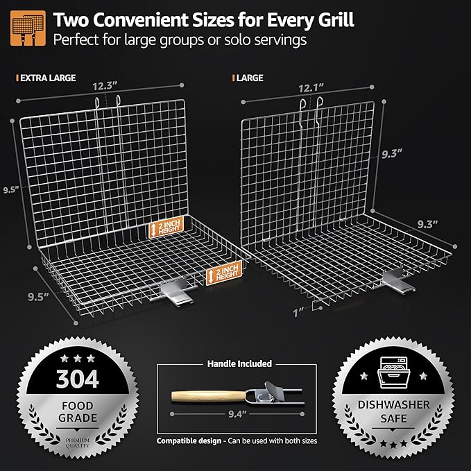 Sorbus Grill Basket - Stainless Steel Large Folding Barbecue Grilling Basket with Handle, Portable BBQ Accessories for Fish, Shrimp, Vegetables, Grilling Accessories, Gifts for Outdoor Cooking Camping (2 Pack)
