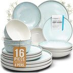 Stoneware dinnerware set 4 persons 16 pcs – Modern style plates and bowls set ceramic – Dishwasher, microwave and scratch resistant – Bowl and plate set – Dinner service Pure Living beige & light blue