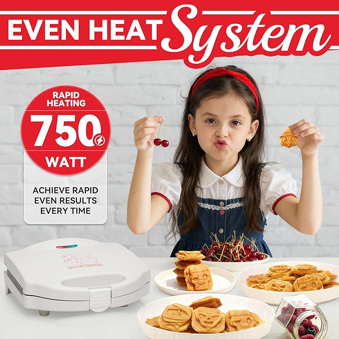 Character Waffle Maker for Halloween, 8 Different Spooky Designs, Electric Waffler Iron Featuring a Pumpkin Wolf Face Mummy Ghost Witch Vampire & More, Halloween Kitchen Decor, White