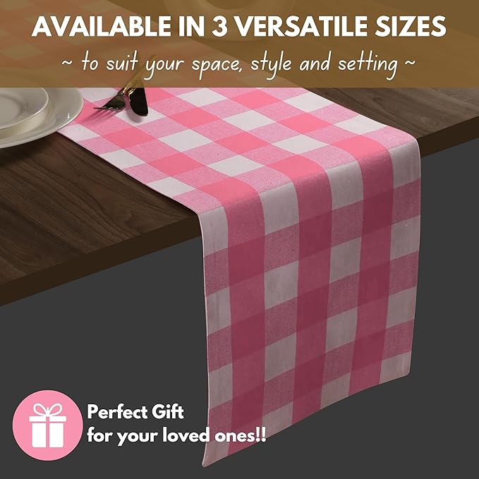Native Fab Table Runner Buffalo Check Plaid 100% Cotton - 13x108 Inches Kitchen Dining Table Decoration for Indoor Outdoor Farmhouse Home Party Decor - Pink and White