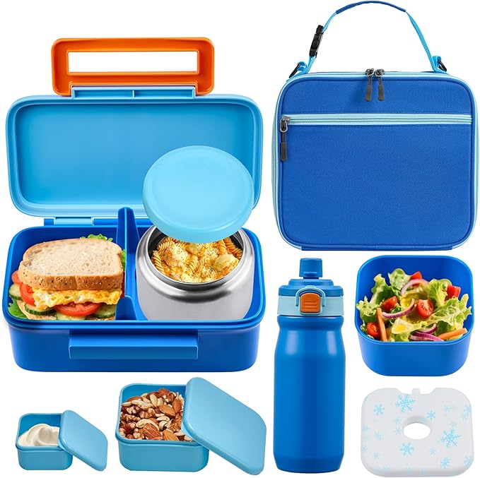 Kids Lunch Bento Box with Thermo Ice Pack Food Container with Insulated Lunch Bag, Insulated Water Bottle with Straw for Girls Boys, Blue