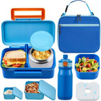Kids Lunch Bento Box with Thermo Ice Pack Food Container with Insulated Lunch Bag, Insulated Water Bottle with Straw for Girls Boys, Blue
