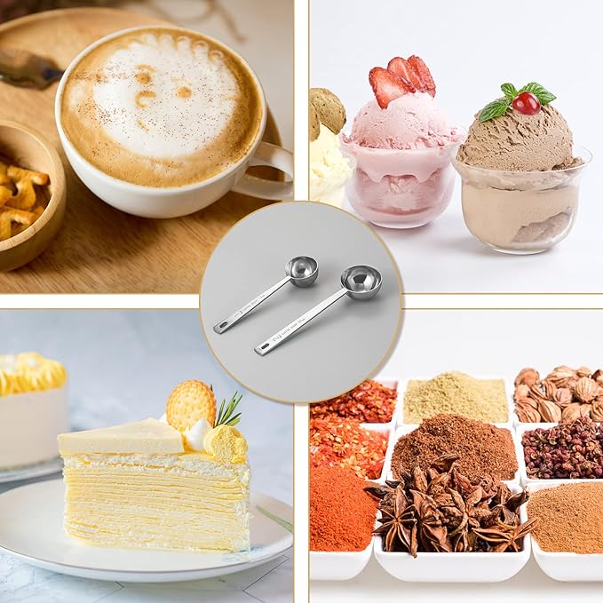 Premium Coffee Scoop Set, Set of 2, Metal Stainless Steel Long Handle Coffee Scoop, Measuring Coffee Spoons Contains 1 Tablespoon (15 ml) and 2 Tablespoons (30 ml) Spoon-Silver