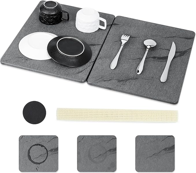Stone Drying Mat for Kitchen Counter-Diatomaceous Earth Dish Drying Mat Foldable,Non Slip Kitchen Mat Quick Dry for Dishes Bottles Cups (24"L X 16"W)