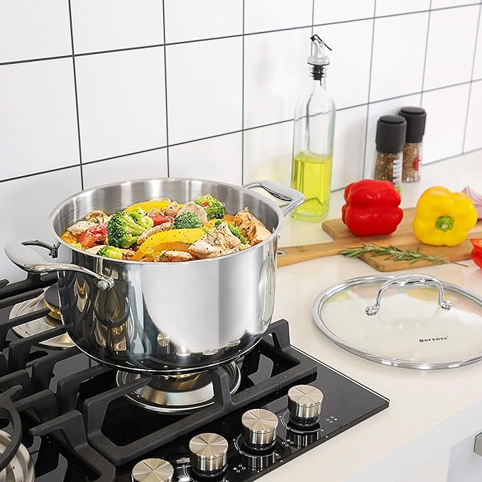 Rorence Stainless Steel Stock Pot: 6 Quart Stockpot with Stainless Steel Handles Capsule Bottom & Tempered Glass Lid …