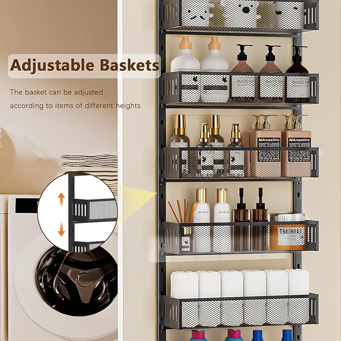 6-Tier Over The Door Pantry Organizer with Mesh Baskets, Adjustable & Stable Hanging Spice Rack for Kitchen, Bathroom, Bedroom, and Baby Essentials Storage (16" W 6-Tiers, Black)