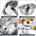 8+1 Stainless Steel Colander Set with Mixing Bowl, 4 Sizes (1.8QT, 2.3QT, 3QT, 4QT) with 1 Mesh Strainer, for Washing Rice, Fruits, Vegetables, Draining Pasta, Meat, and Spaghetti