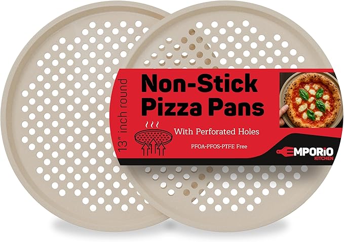 Non-Stick Pizza Pan 2 Pack, 13 Inch Round Carbon Steel Pizza Tray with Perforated Holes for Crispy Crust, PFOAPFOSPTFE Free, Dishwasher & Oven Safe Up To 450°F, Durable Nonstick White Marble Coating