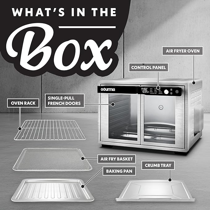 Gourmia French Door Digital Air Fryer Oven - 25-Quart XL Capacity, 12 Presets, Touchscreen, FryForce 360° Tech, Dehydrate, Proof, Slow Cook, Fits 13” Pizza, 1700W, Stainless Steel