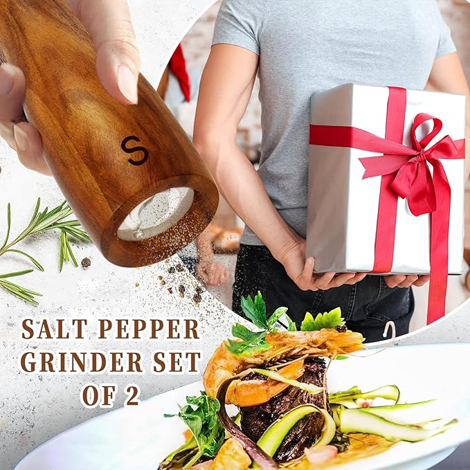 2 Pack Wood Salt and Pepper Grinder Set, Acacia Wood Salt and Pepper Grinder Mill Pepper Grinder Ceramic Stainless Steel Core-8 Inch