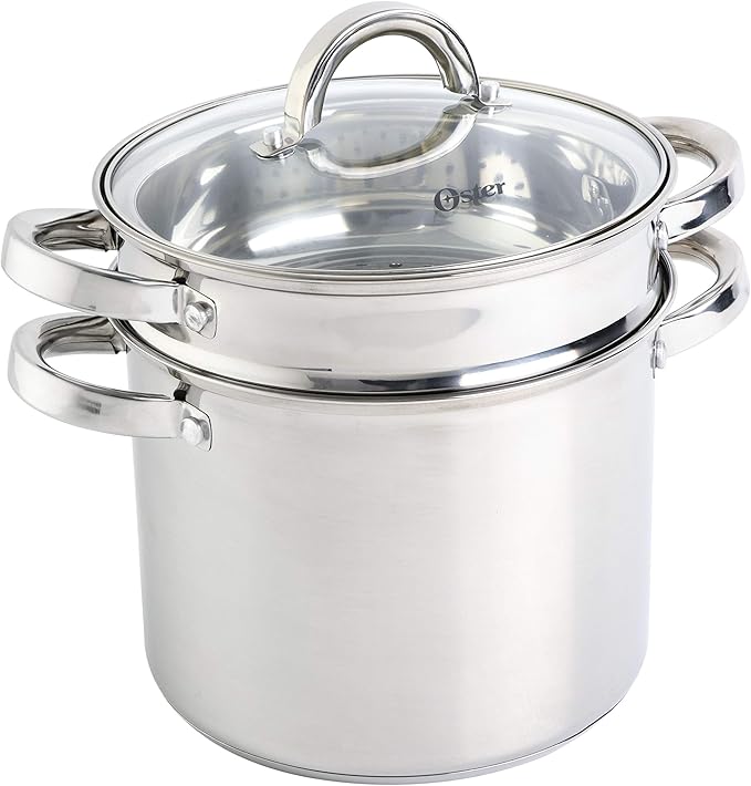Oster Sangerfield 5-Quart Stainless Steel Pasta Pot Set with Steamer Basket and Lid – Durable Kitchen Cookware for Boiling and Steaming