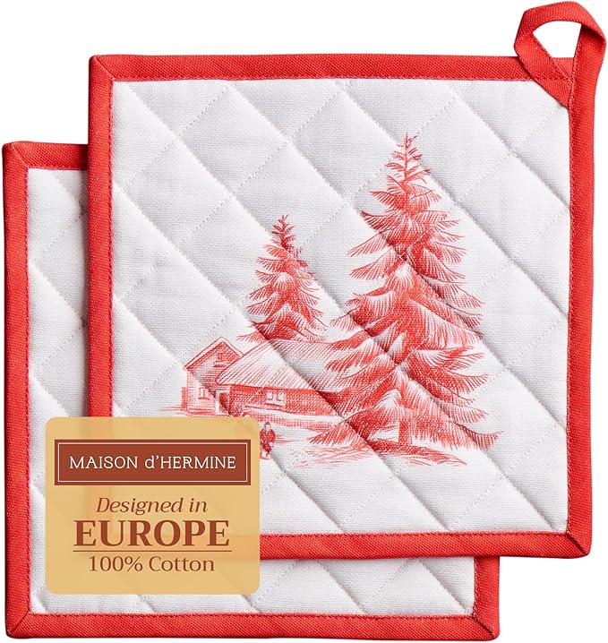 Maison d' Hermine Pot Holders Set 100% Cotton Heat Resistant Potholders 8" x 8" Hot Pads with Loop BBQ, Cooking, Baking, Grilling, Kitchen, Handling Hot Pans (Pack of 2, Winter Jouy)