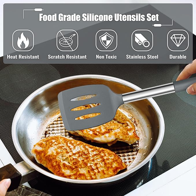 E-far 14 Pieces Silicone Cooking Utensils Set, Kitchen Utensils Set with Holder, Spatula, Ladle, Spoon, Tong, Slotted Turner for Nonstick Cookware, 446°F Heat Resistant & Stainless Steel Handle, Gray