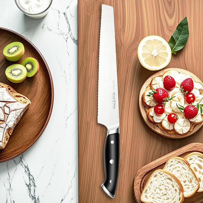 10” Bread Knife – Razor Sharp German Steel DIN1.4116 – Serrated Knife for Slicing Homemade Bread, Sourdough & Cake – Full Tang & Ergonomic Handle – Gift Box – Velina series