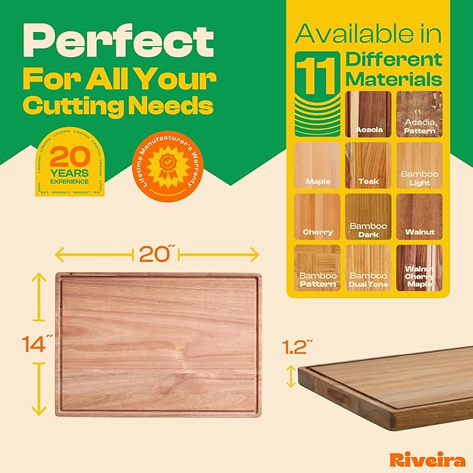 Riveira Acacia Wood Cutting Board – Gourmet Acacia Grandeur: 20 x 14 Wooden Cutting Board – Natural Wooden Cutting Boards For Kitchen Decorative – Innovative Juice Grooves Acacia Wooden Chopping Board