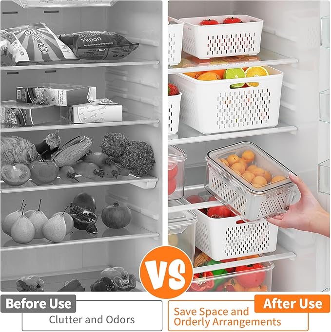 5 PCS Large Fruit Storage Containers for Fridge with Removable Colanders, Airtight Food Storage Containers with 5 Lids, 4 in 1 Produce Containers Keep Berry Fruits Vegetable Food Meat Fresh Longer