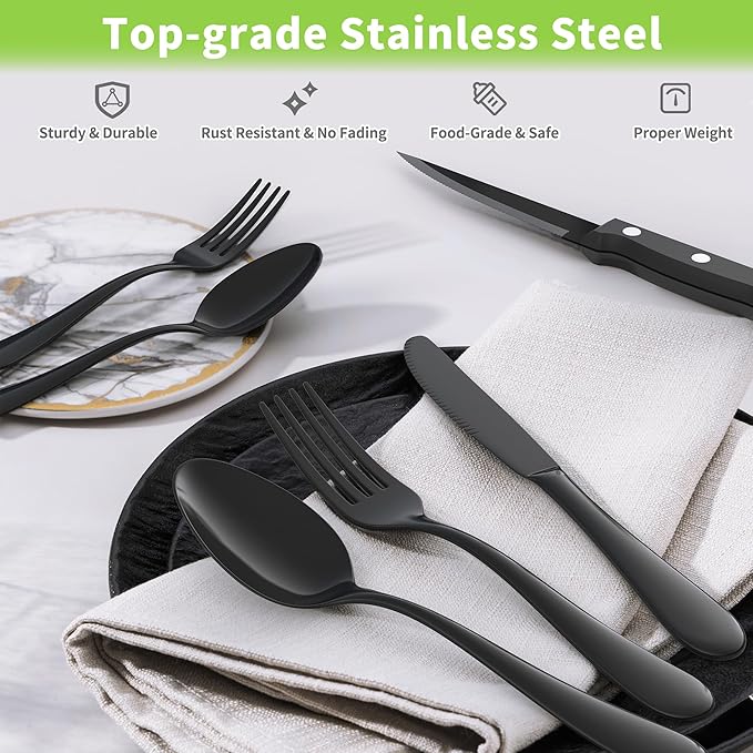 24-Piece Black Silverware Set with Steak Knives, Stainless Steel Flatware Cutlery Set for 4, Spoons Forks and Knives Sets, Mirror Finished Utensil Sets Dishwasher Safe for Home Restaurant