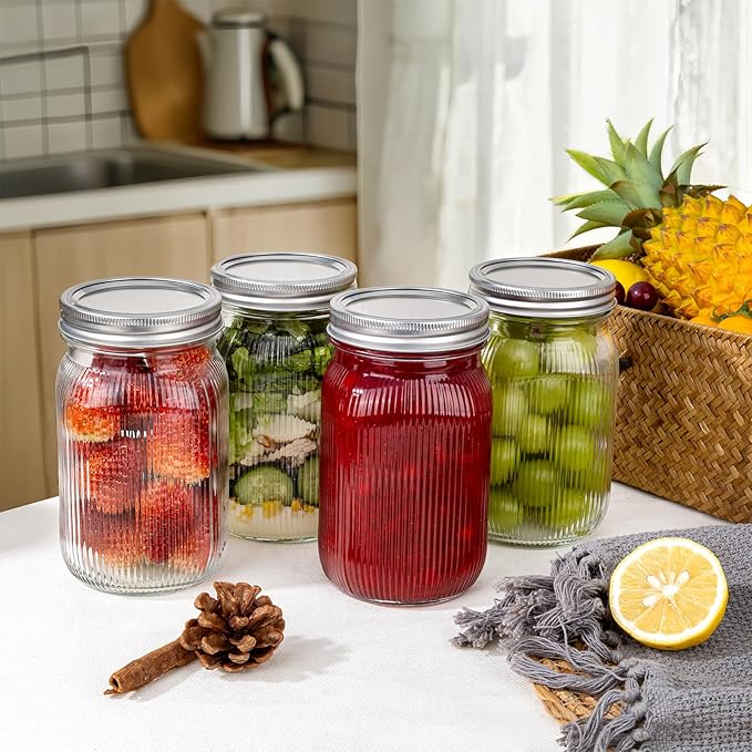 LUODA MirthMood 32 OZ Wide Mouth Mason Jars, 4 PACK Glass Mason Jars with airtight Lids, Quart mason jars wide mouth for Fermenting, Pickling, Freezing, Preserving, Meal Prep, Jar Décor