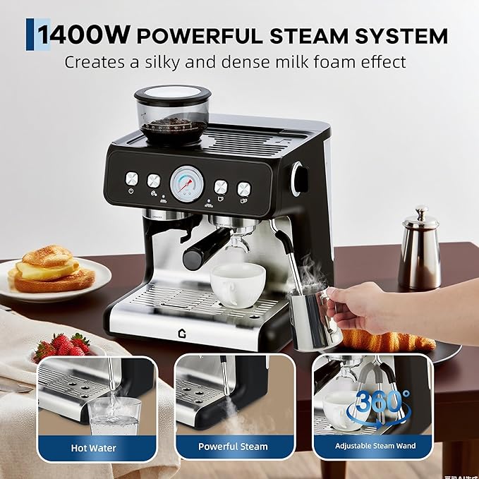 Stainless Steel Espresso Machine with Grinder and 20 Bar Pressure, 2.8l Removable Water Tank, Milk Frother Steam Wand for Latte and Cappuccino, Adjustable Shot Volume,Black