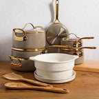 Bloomhouse - Two Time Oprah's Favorite Things Winner - 15 Piece Pots and Pans Heavy Duty Aluminum Premium PFA Free Ceramic Nonstick Dutch Oven Pot with Lid - Cappuccino Cream with Gold Handle