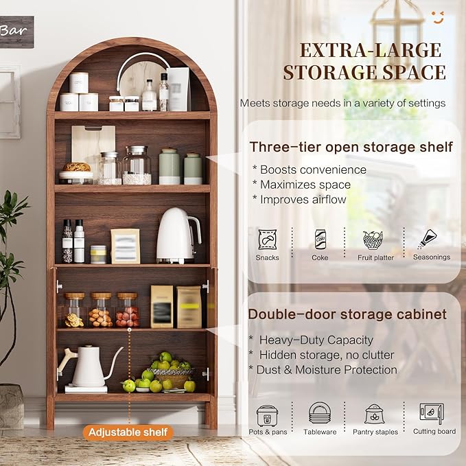71" Tall Arched Kitchen Pantry,Modern Fluted Wood Storage Cabinet with Doors,Adjustable Shelves,Organizer, Versatile Cupboard for Kitchen,Living Room,Dining Room,Bathroom,Walnut