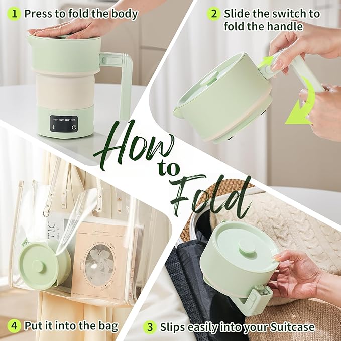 Collapsible Electric Kettle-600ML Foldable Travel Water Boiler, 600W Portable Hot Water Kettle with 4-Temp Presets, Food Grade Silicone for Hotel, Office, Camping (Green, 600mL)