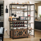 DWVO Baker Rack with Power Outlet, Microwave Stand W/Storage, 6-Tier Industrial Coffee Bar Cabinet W/Hook, Wine Rack & Goblet Holder, Wood & Metal Kitchen Shelf Organizer for Dining Room, Rustic Brown