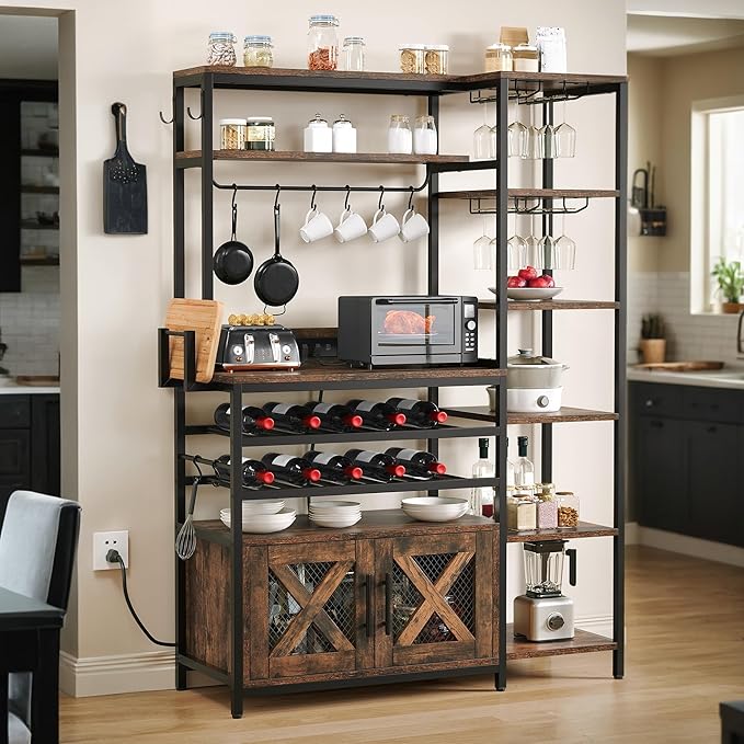 DWVO Baker Rack with Power Outlet, Microwave Stand W/Storage, 6-Tier Industrial Coffee Bar Cabinet W/Hook, Wine Rack & Goblet Holder, Wood & Metal Kitchen Shelf Organizer for Dining Room, Rustic Brown
