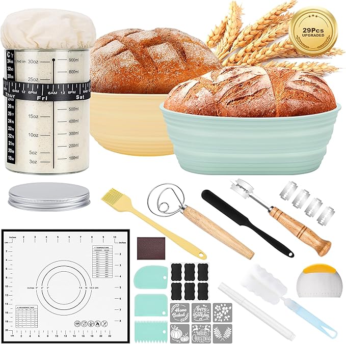 HK Sourdough Starter Kit, Sourdough Bread Baking Supplies with 9'' Round Banneton Bread Proofing Basket, 34oz Sourdough Starter Jar, Bread Lame, Dough Scraper, Dough Whisk & Silicone Baking Mats