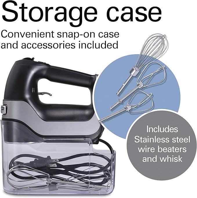 Hamilton Beach Professional 5-Speed Electric Hand Mixer with High-Performance DC Motor, Slow Start, Snap-On Storage Case, Stainless Steel Beaters & Whisk, Black (62651)