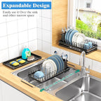 Small Dish Drying Rack Over The Sink, Compact Dish Rack with Silicone Mat for Kitchen Counter, Expandable Dish Drainers Drying Rack Used in Sink & on Countertop, Black