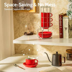 Sweese 8 Ounce Porcelain Stackable Cappuccino Cups with Saucers and Metal Stand - for Specialty Coffee Drinks, Cappuccino, Latte, Americano and Tea - Set of 4, Red