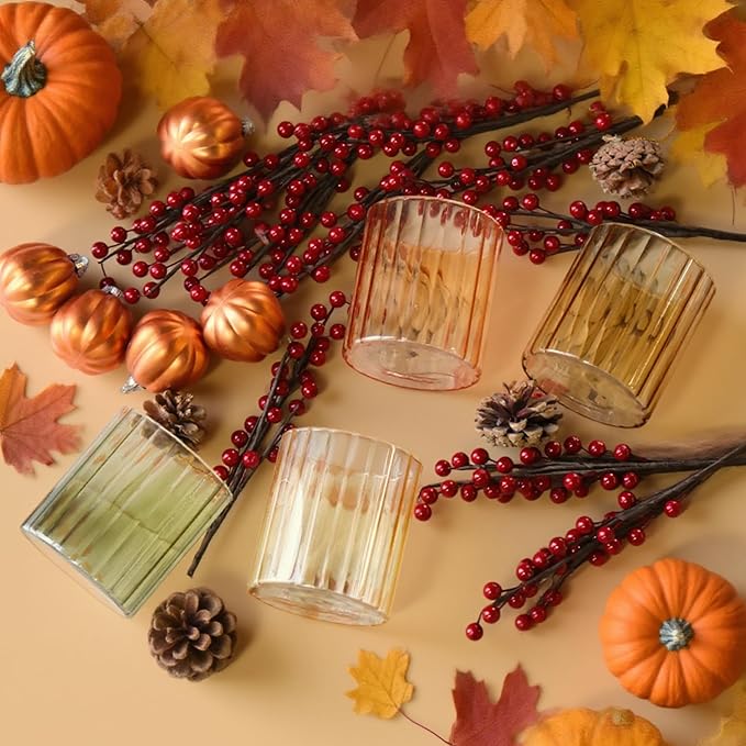 Fall Glassware Set of 4 14oz Ribbed Drinking Glasses for Autumn Table Décor Cozy Gatherings Thanksgiving Centerpiece in Warm Autumn Tones Perfect Hostess Gift