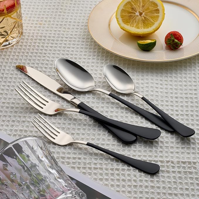 20 Piece Black 18/0 Flatware Utensil Set for 4, Include Dinner Knife,Dinner Forks,Dinner Spoons,Salad Forks,Teaspoons,Silverware Set for 4, Dishwasher Safe