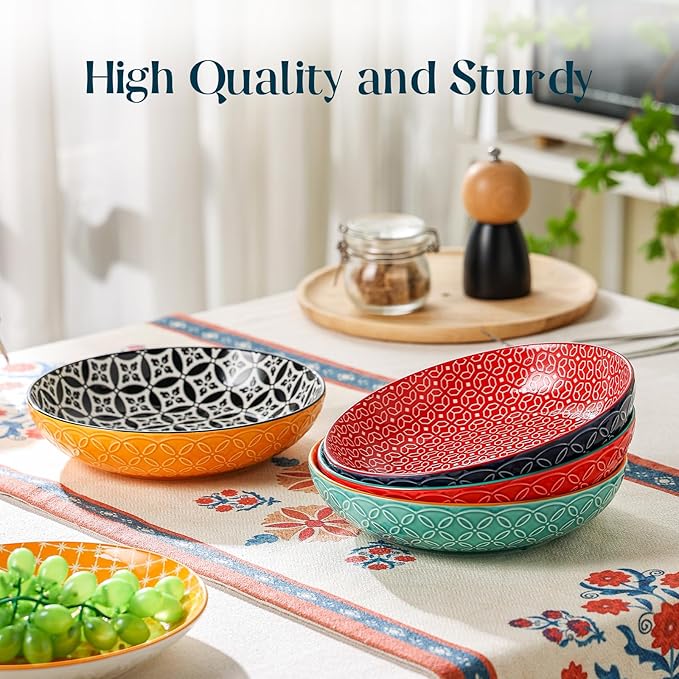 DOWAN 8.5" Vibrant Pasta, Salad & Soup Serving Bowls Set of 4, Embossed Large Porcelain Ceramic, Microwave, Oven & Dishwasher Safe, Bonita Design Perfect for Daily Dining, Family Gatherings, Party