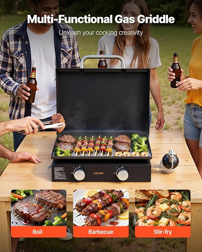 VEVOR Gas Griddle, 2 Burner Tabletop Griddle, 22 inch Portable Griddles Propane with Lid, Oil Drain Hole & Oil Collection Tray, 22000BTU Camping Flat Top Grill for Outdoor Cooking, Tailgating
