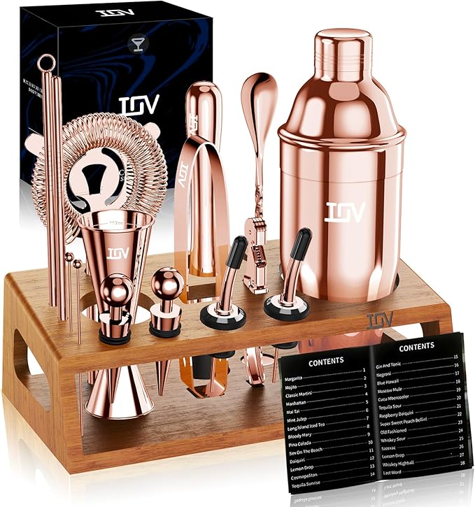IOV Cocktail Shaker Set Bartender Kit with Stand | Bar Set Drink Mixer Set Includes Martini Shaker, Jigger, Strainer, Mixing Spoon, Muddler, Recipe Book | Home Bar Accessories Gift Set (Rose Gold)