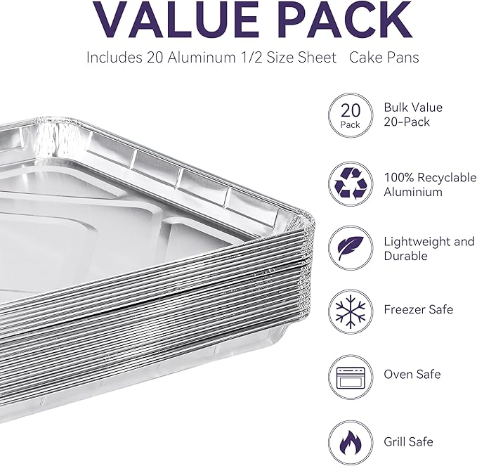 Aluminum Foil Pans,Disposable Trays,1/2 Size Sheet Cookie Cake Pan,17x13(20 Pack),Rimmed Baking Sheet for Frying, Grilling, or Baking Dishes