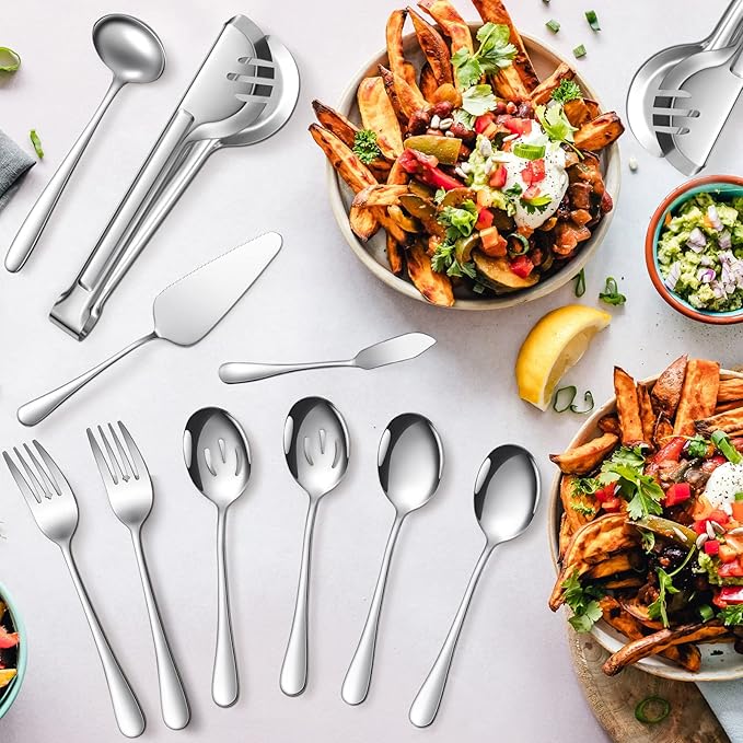 Patelai Serving Utensils Set Include Stainless Steel Large Spoons Slotted Spoons Forks Tongs Soup Ladle and Pie Server for Parties Buffet Catering, Dishwasher Safe(Silver,12 Pieces)
