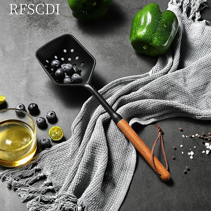 Premium Silicone Cooking Utensils Set - Non-Toxic, Heat-Resistant Kitchen Utensils Set with Food-Grade Silicone & Wood Handles - Includes Spatula & Spoon for Non-Stick Cookware, Black