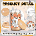 6 Pcs Halloween Glasses 16 oz Cute Ghost Flower Skull Cups with Bamboo Lid and Glass Straw Spooky Pumpkin Bat Can Shaped Mason Drinking Jars Iced Coffee Cups for Halloween Party Gift