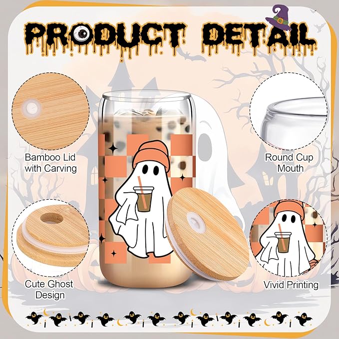 6 Pcs Halloween Glasses 16 oz Cute Ghost Flower Skull Cups with Bamboo Lid and Glass Straw Spooky Pumpkin Bat Can Shaped Mason Drinking Jars Iced Coffee Cups for Halloween Party Gift