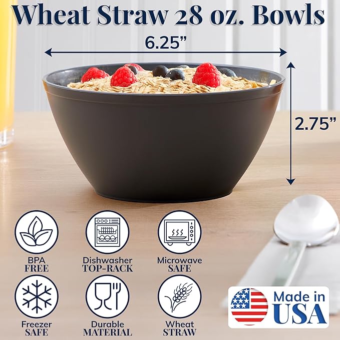 US Acrylic Wheat Straw Unbreakable 28 oz. Stackable Cereal Bowls for Snacks & Ice Cream in Grey (Set of 8) 6-inch Reusable, BPA-Free, Dishwasher Safe Dinnerware, Made in USA