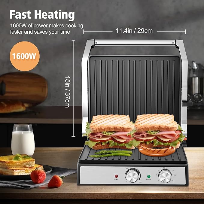 1600W Panini Press, Sandwich Maker with Temp & Time Setting, 4 Slice Large Non-stick Versatile Grill Press, Opens 180 Degrees to Fit Any Type or Size of Food