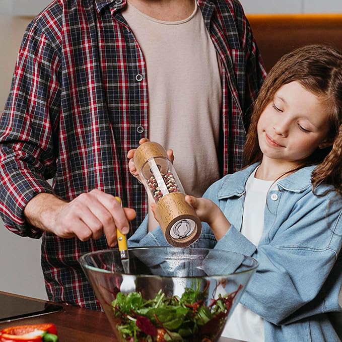 Wooden Salt and Pepper Grinder Set, Premium Oak Wood Salt Grinders Shakers, Pepper Mill with Acrylic Clear Window, Adjustable Ceramic Grinder - 8 inches, 2 Pack