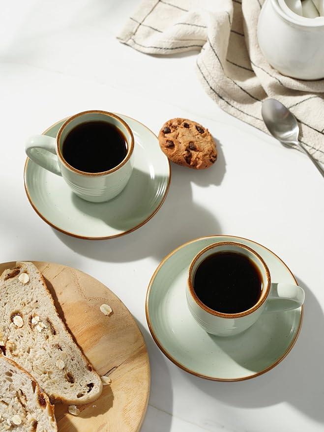 amiware Jupiter Espresso Cups and Saucers Set of 4, 3 oz Ceramic Small Coffee Mug with Handle, Spiral Stoneware Demitasse Cup for Tea, Latte, Cafe - Microwave & Dishwasher Safe, Light Green