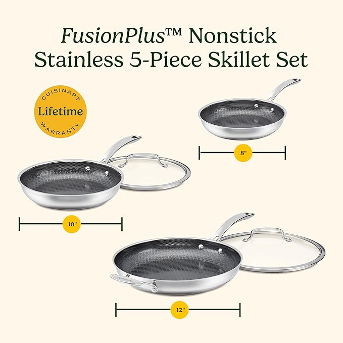 CUISINART FusionPlus Nonstick Stainless Steel Cookware Set, 5-Piece Skillet Cooking Set with PFAS-Free PURELYSEAR Ceramic Non Stick Technology, Scratch Proof, Cool Grip Handles, Dishwasher Safe